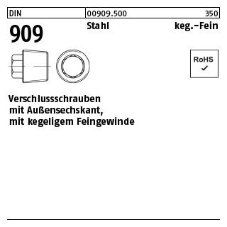 25 Stück, DIN 909 Stahl keg.-Fein verschlussschrauben mit Außensechskant, mit kegeligem Feingewinde - Abmessung: M 18 x 1,5