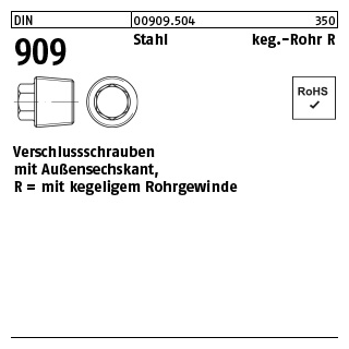 50 Stück, DIN 909 Stahl keg.-Rohr R verschlussschrauben mit Außensechskant, mit kegeligem Rohrgewinde - Abmessung: R 3/8