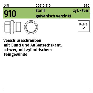 50 Stück, DIN 910 Stahl zyl.-Fein galvanisch verzinkt verschlussschrauben mit Bund und Außensechskant, schwer, m. zyl. Feingew. - Abmessung: M 12 x 1,5