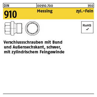 50 Stück, DIN 910 Messing zyl.-Fein verschlussschrauben mit Bund und Außensechskant, schwer, m. zyl. Feingew. - Abmessung: M 14 x 1,5