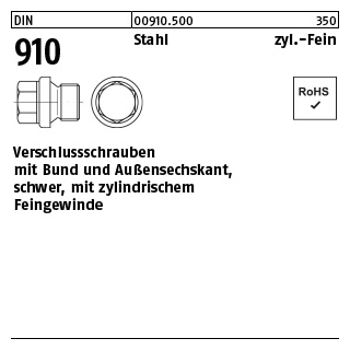 50 Stück, DIN 910 Stahl zyl.-Fein verschlussschrauben mit Bund und Außensechskant, schwer, m. zyl. Feingew. - Abmessung: M 16 x 1,5