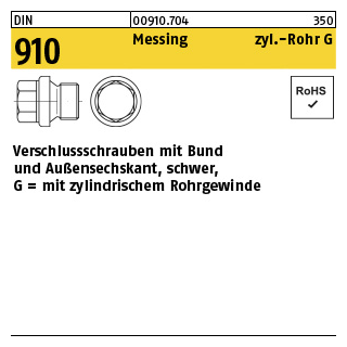 25 Stück, DIN 910 Messing zyl.-Rohr G verschlussschrauben mit Bund und Außensechskant, schwer, m. zyl. Rohrgew. - Abmessung: G 3/4 A