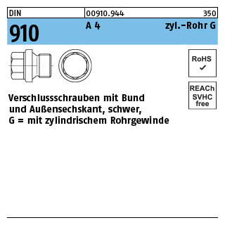 DIN 910 A 4 zyl.-Rohr G verschlussschrauben mit Bund und Außensechskant, schwer, m. zyl. Rohrgew. - Abmessung: G 3/4 A, Inhalt: 10 Stück