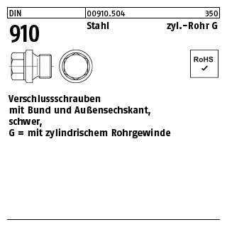 DIN 910 Stahl zyl.-Rohr G verschlussschrauben mit Bund und Außensechskant, schwer, m. zyl. Rohrgew. - Abmessung: G 1 1/8 A, Inhalt: 10 Stück