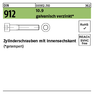 500 Stück, DIN 912 10.9 galvanisch verzinkt Zylinderschrauben mit Innensechskant - Abmessung: M 3 x 8