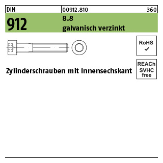 500 Stück, DIN 912 8.8 galvanisch verzinkt Zylinderschrauben mit Innensechskant - Abmessung: M 3 x 8