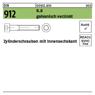 500 Stück, DIN 912 8.8 galvanisch verzinkt Zylinderschrauben mit Innensechskant - Abmessung: M 4 x 20