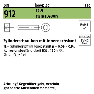 500 Stück, DIN 912 12.9 flZn/TL 480h Zylinderschrauben mit Innensechskant - Abmessung: M 6 x 12