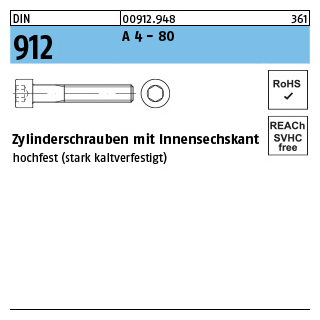 100 Stück, DIN 912 A 4 - 80 Zylinderschrauben mit Innensechskant - Abmessung: M 6 x 12