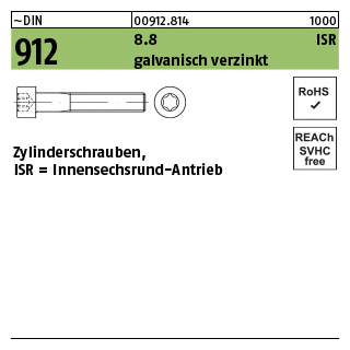 200 Stück, ~DIN 912 8.8 ISR galvanisch verzinkt Zylinderschrauben mit Innensechsrund - Abmessung: M 6 x 16 -T30