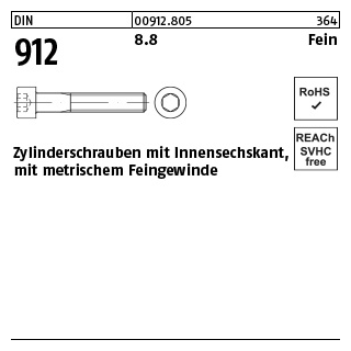 200 Stück, DIN 912 8.8 Fein Zylinderschrauben mit Innensechskant, mit metrischem Feingewinde - Abmessung: M 8 x1 x 16