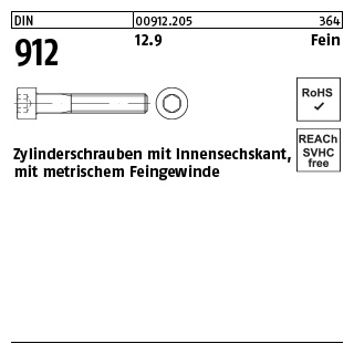 100 Stück, DIN 912 12.9 Fein Zylinderschrauben mit Innensechskant, mit metrischem Feingewinde - Abmessung: M 10 x1,25x 50