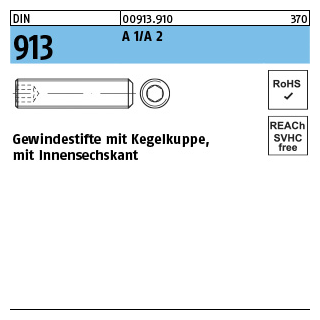 500 Stück, DIN 913 A 1/A 2 Gewindestifte mit Kegelkuppe, mit Innensechskant - Abmessung: M 2 x 2