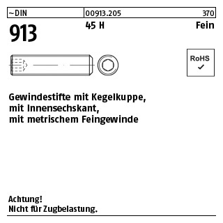 100 Stück, ~DIN 913 45 H Fein Gewindestifte mit Kegelkuppe, mit Innensechskant, mit metrischem Feingew. - Abmessung: M 8 x 1 x 50