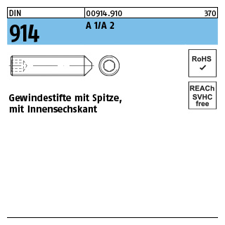 500 Stück, DIN 914 A 1/A 2 Gewindestifte mit Spitze, mit Innensechskant - Abmessung: M 2 x 4