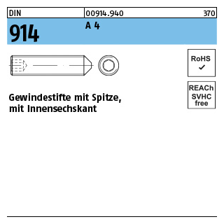 500 Stück, DIN 914 A 4 Gewindestifte mit Spitze, mit Innensechskant - Abmessung: M 2,5 x 8