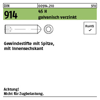 1000 Stück, DIN 914 45 H galvanisch verzinkt Gewindestifte mit Spitze, mit Innensechskant - Abmessung: M 3 x 5