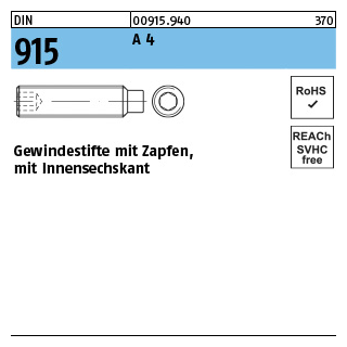 500 Stück, DIN 915 A 4 Gewindestifte mit Zapfen, mit Innensechskant - Abmessung: M 4 x 6