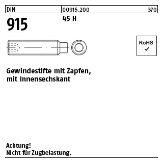 200 Stück, DIN 915 45 H Gewindestifte mit Zapfen, mit Innensechskant - Abmessung: M 8 x 16