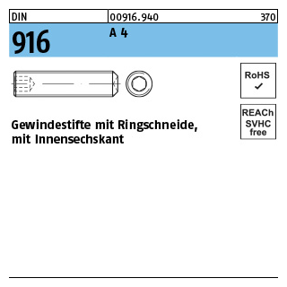 500 Stück, DIN 916 A 4 Gewindestifte mit Ringschneide, mit Innensechskant - Abmessung: M 2 x 2