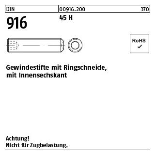 100 Stück, DIN 916 45 H Gewindestifte mit Ringschneide, mit Innensechskant - Abmessung: M 10 x 45