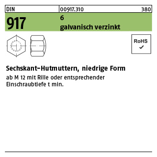 1000 Stück, DIN 917 6 galvanisch verzinkt Sechskant-Hutmuttern, niedrige Form - Abmessung: M 4