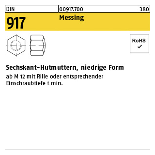 100 Stück, DIN 917 Messing Sechskant-Hutmuttern, niedrige Form - Abmessung: M 5