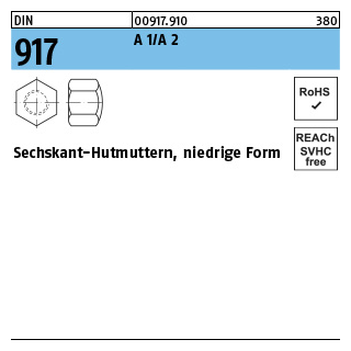 50 Stück, DIN 917 A 1/A 2 Sechskant-Hutmuttern, niedrige Form - Abmessung: M 6