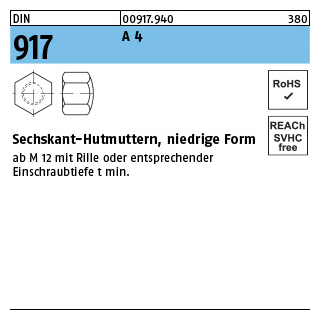 25 Stück, DIN 917 A 4 Sechskant-Hutmuttern, niedrige Form - Abmessung: M 12 SW 19