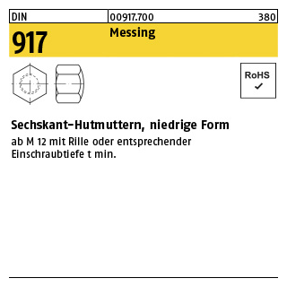 25 Stück, DIN 917 Messing Sechskant-Hutmuttern, niedrige Form - Abmessung: M 20