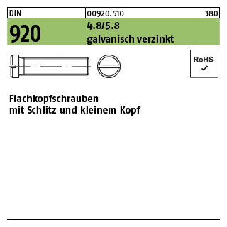 100 Stück, DIN 920 4.8/5.8 galvanisch verzinkt Flachkopfschrauben mit Schlitz und kleinem Kopf - Abmessung: M 3 x 8