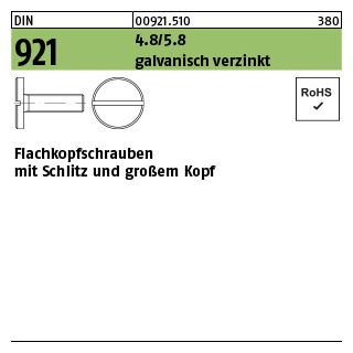 100 Stück, DIN 921 4.8/5.8 galvanisch verzinkt Flachkopfschrauben mit Schlitz und großem Kopf - Abmessung: M 3 x 6