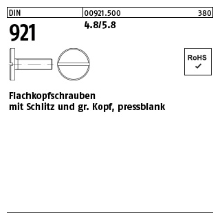 100 Stück, DIN 921 4.8/5.8 Flachkopfschrauben mit Schlitz und großem Kopf, pressblank - Abmessung: M 6 x 8