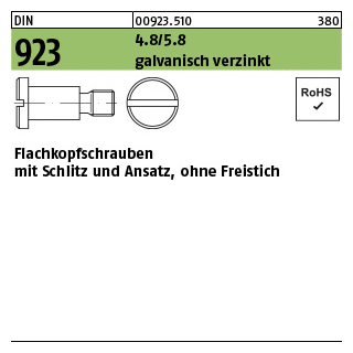 100 Stück, DIN 923 4.8/5.8 galvanisch verzinkt Flachkopfschrauben mit Schlitz und Ansatz, ohne Freistich - Abmessung: M 3 x 5 x 4,5