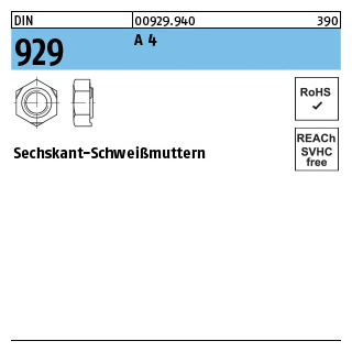 100 Stück, DIN 929 A 4 Sechskant-Schweißmuttern - Abmessung: M 3