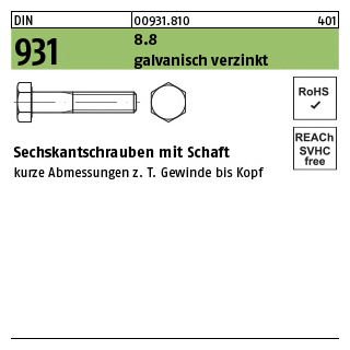 500 Stück, DIN 931 8.8 galvanisch verzinkt Sechskantschrauben mit Schaft - Abmessung: M 3 x 35