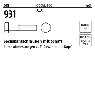 100 Stück, DIN 931 8.8 Sechskantschrauben mit Schaft - Abmessung: M 4 x 40