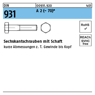 200 Stück, DIN 931 A 2 - 70 Sechskantschrauben mit Schaft - Abmessung: M 5 x 65