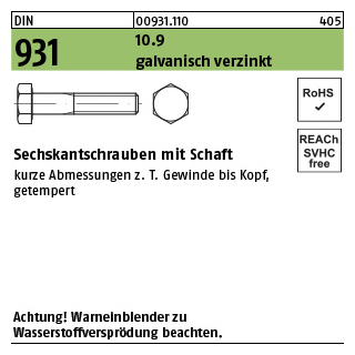 200 Stück, DIN 931 10.9 galvanisch verzinkt Sechskantschrauben mit Schaft - Abmessung: M 6 x 35