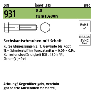 200 Stück, DIN 931 8.8 flZn/TL 480h (zinklamellenbesch.) Sechskantschrauben mit Schaft - Abmessung: M 6 x 35