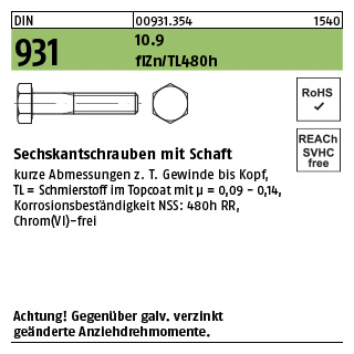 200 Stück, DIN 931 10.9 flZn/TL 480h (zinklamellenbesch.) Sechskantschrauben mit Schaft - Abmessung: M 6 x 35