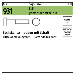 25 Stück, DIN 931 8.8 galvanisch verzinkt Sechskantschrauben mit Schaft - Abmessung: M 12 x 220