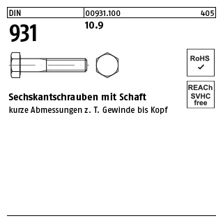 DIN 931 10.9 Sechskantschrauben mit Schaft - Abmessung: M 16 x 350, Inhalt: 10 Stück