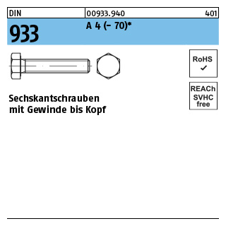 100 Stück, DIN 933 A 4 - 70 Sechskantschrauben mit Gewinde bis Kopf - Abmessung: M 3 x 5*