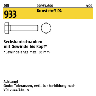 200 Stück, DIN 933 Kunststoff PA Sechskantschrauben mit Gewinde bis Kopf - Abmessung: M 3 x 8