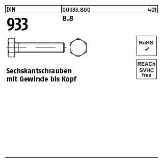 100 Stück, DIN 933 8.8 Sechskantschrauben mit Gewinde bis Kopf - Abmessung: M 3 x 8