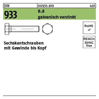 500 Stück, DIN 933 8.8 galvanisch verzinkt Sechskantschrauben mit Gewinde bis Kopf - Abmessung: M 3 x 35