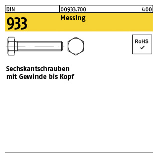 100 Stück, DIN 933 Messing Sechskantschrauben mit Gewinde bis Kopf - Abmessung: M 4 x 6