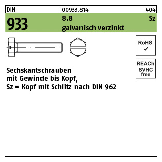 500 Stück, DIN 933 8.8 Sz galvanisch verzinkt Sechskantschrauben mit Gewinde bis Kopf, Kopf mit Schlitz nach DIN 962 - Abmessung: M 4 x 12