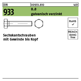 500 Stück, DIN 933 8.8 galvanisch verzinkt Sechskantschrauben mit Gewinde bis Kopf - Abmessung: M 4 x 18